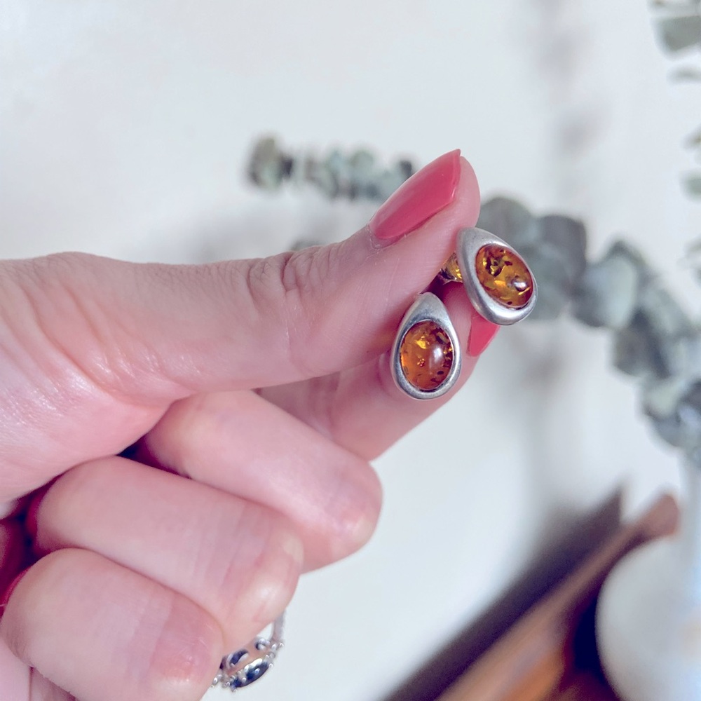 Marquise Amber Stud Earrings, Sterling Silver, 925, Teardrop